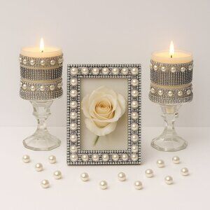 Handmade Glam Silver & Pearl Decor Set – Picture Frame with Matching Candle Hold